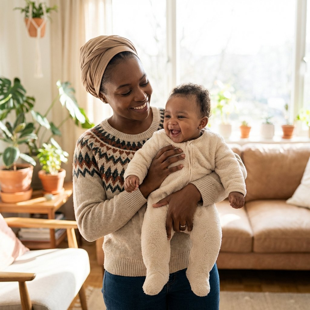 A mother smiling while holding her baby