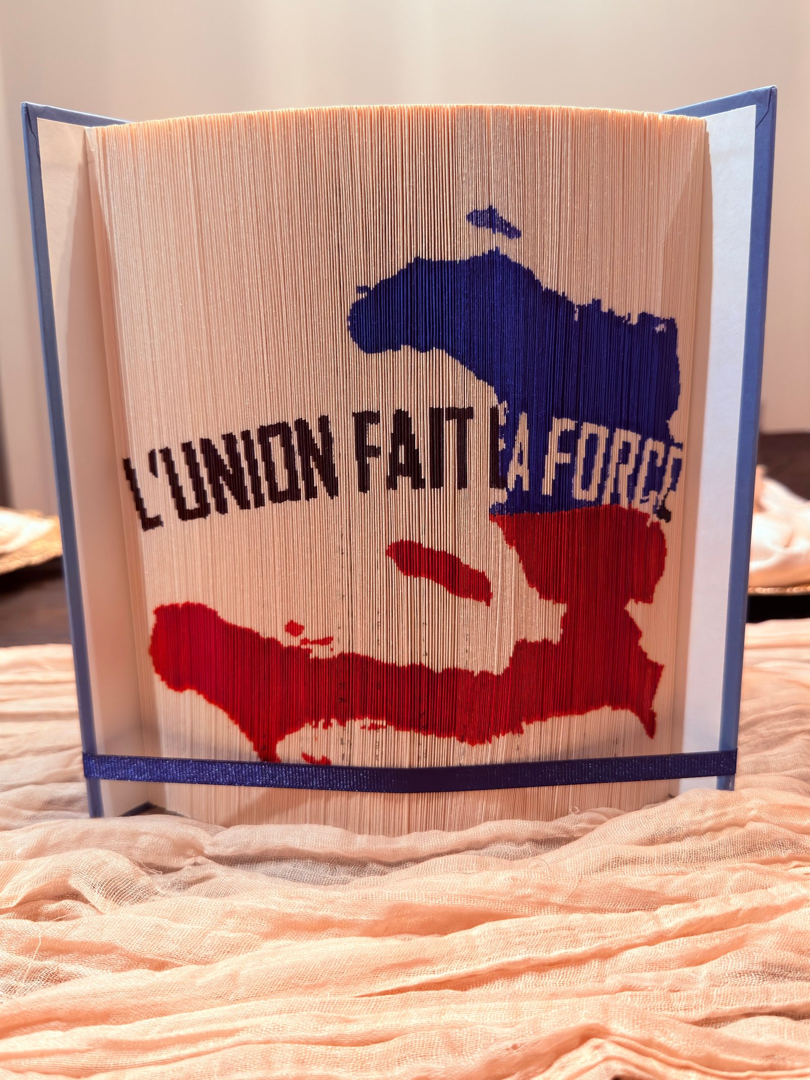 Folded-book artwork with a red and blue Haiti outline and the words L’Union fait la force